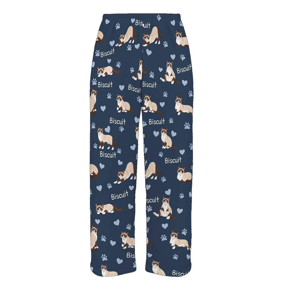 Personalized Snowshoe Cat Pajama Pants, Custom Pet Name Fleece Trousers, Cat Lover Gift — As shown — full-trouser view