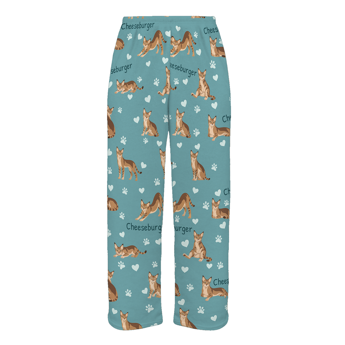 Personalized Chausie Cat Pajama Pants, Custom Pet Name Fleece Trousers, Cat Lover Gift — 01 Muted Teal — full-trouser view