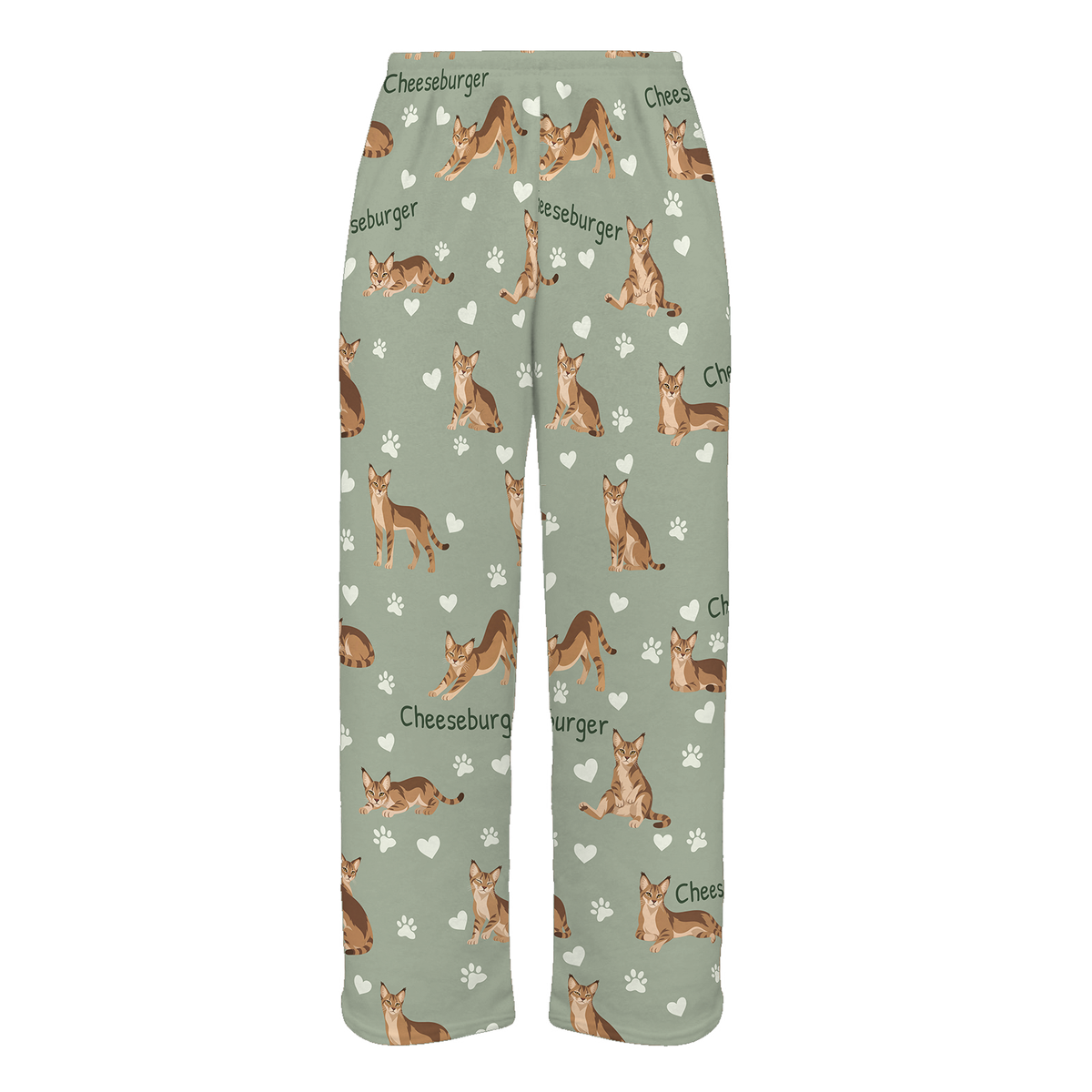 Personalized Chausie Cat Pajama Pants, Custom Pet Name Fleece Trousers, Cat Lover Gift — 03 Soft Sage — full-trouser view