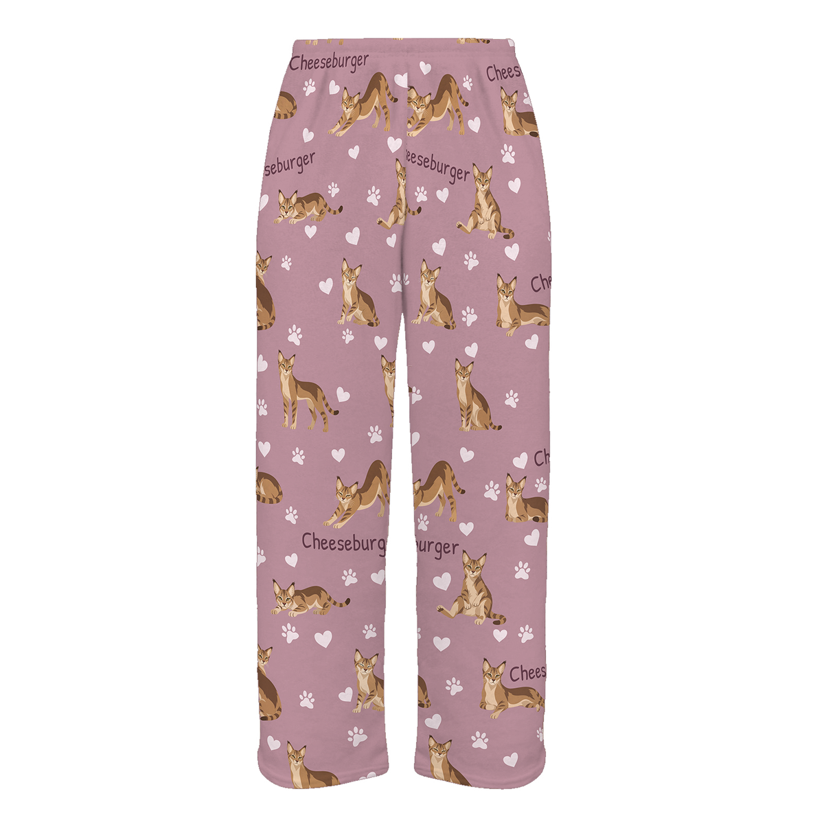 Personalized Chausie Cat Pajama Pants, Custom Pet Name Fleece Trousers, Cat Lover Gift — 04 Dusty Rose — full-trouser view