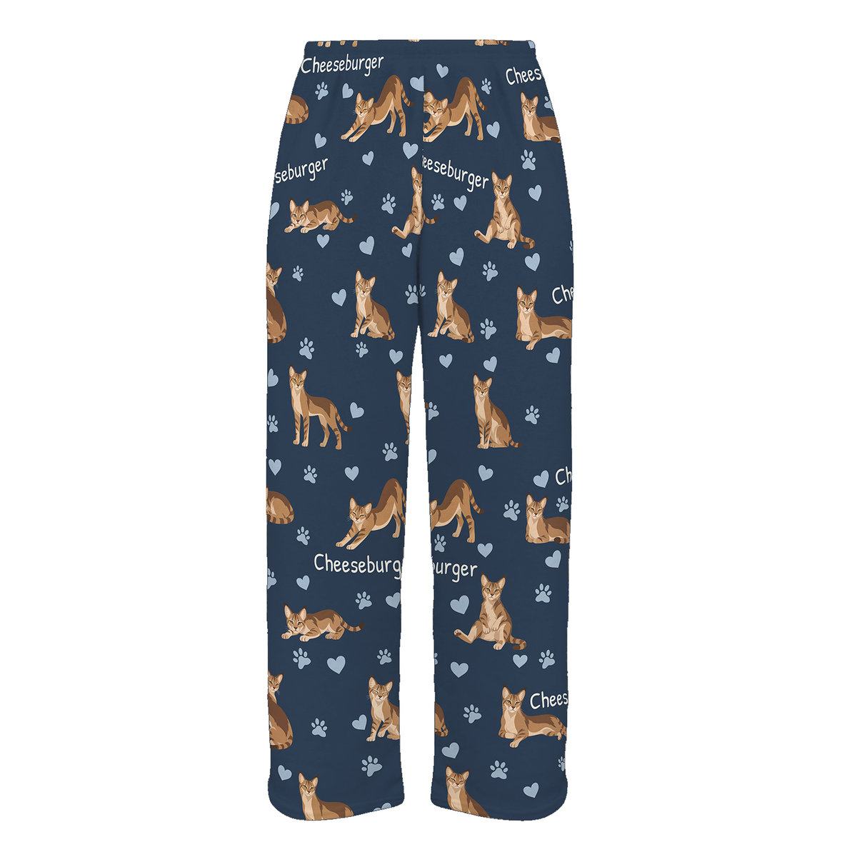 Personalized Chausie Cat Pajama Pants, Custom Pet Name Fleece Trousers, Cat Lover Gift — 05 Deep Navy — full-trouser view