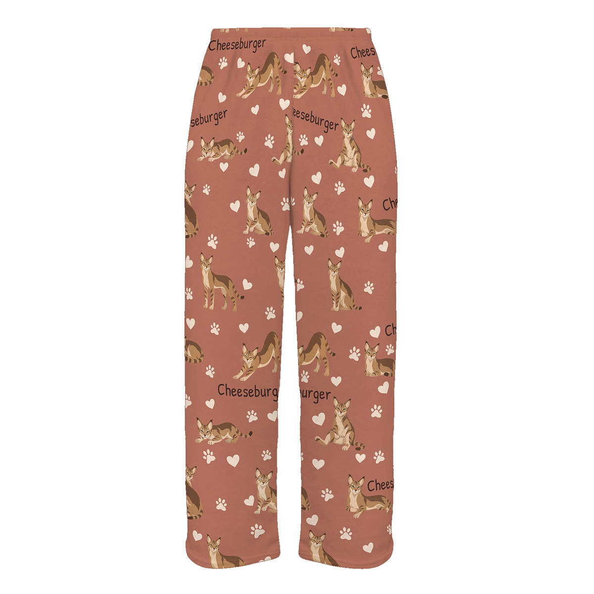Personalized Chausie Cat Pajama Pants, Custom Pet Name Fleece Trousers, Cat Lover Gift — 06 Muted Terracotta — full-trouser view