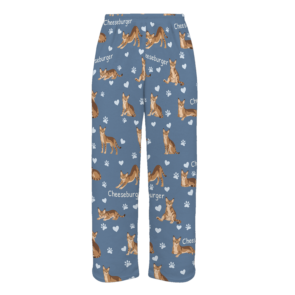 Personalized Chausie Cat Pajama Pants, Custom Pet Name Fleece Trousers, Cat Lover Gift — As shown — full-trouser view