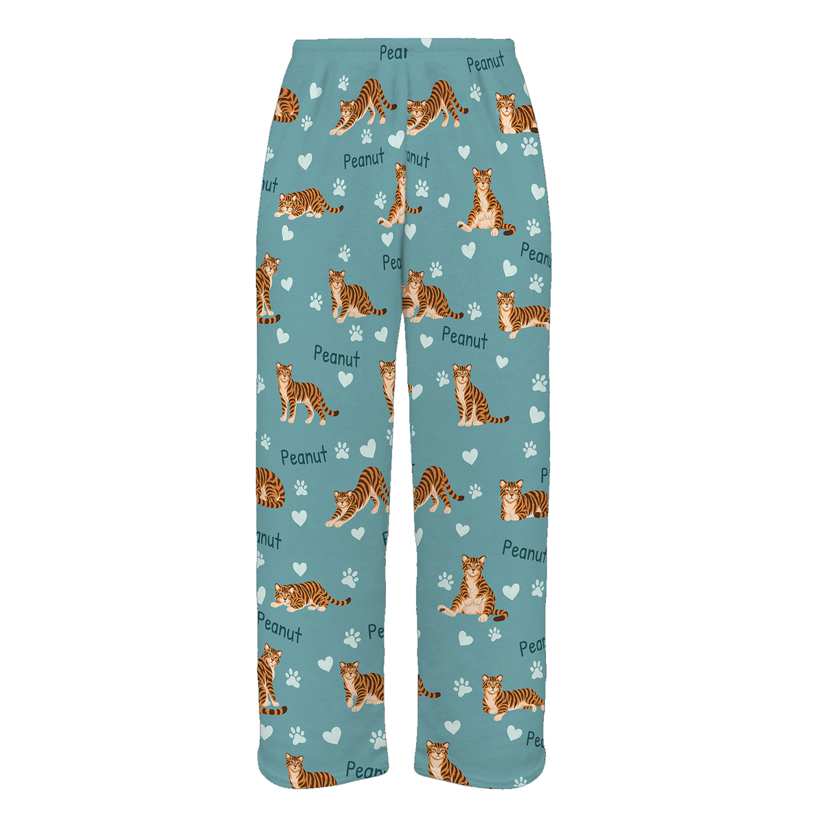 Personalized Toyger Cat Pajama Pants, Custom Pet Name Fleece Trousers, Cat Lover Gift — 01 Muted Teal — full-trouser view