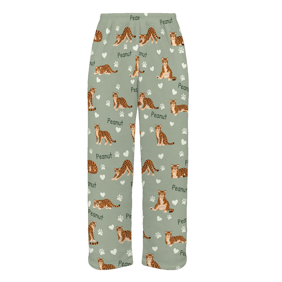 Personalized Toyger Cat Pajama Pants, Custom Pet Name Fleece Trousers, Cat Lover Gift — 03 Soft Sage — full-trouser view