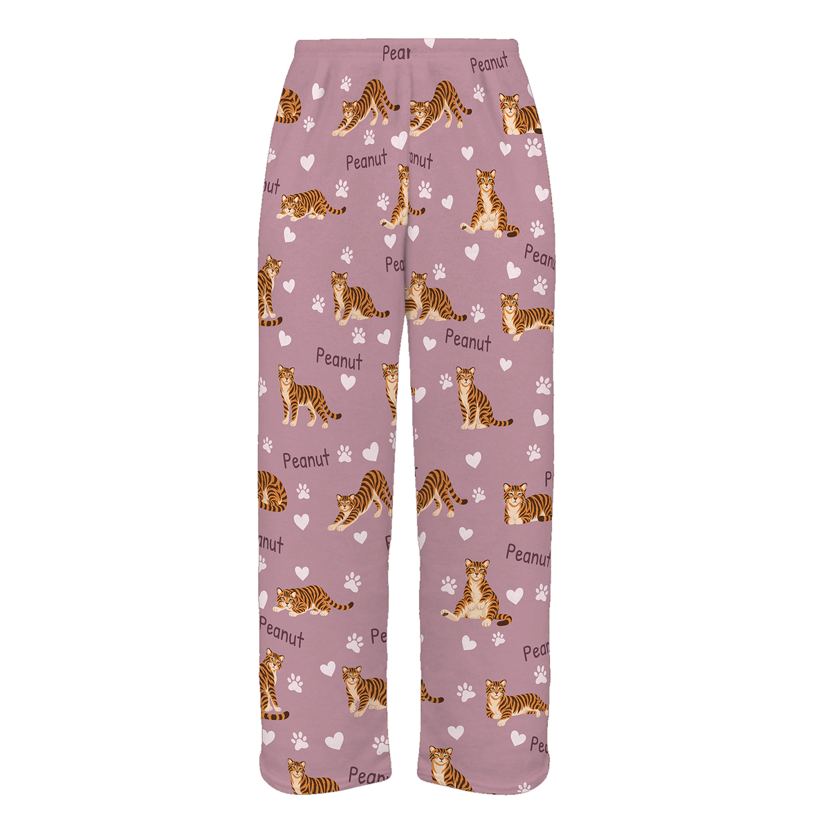 Personalized Toyger Cat Pajama Pants, Custom Pet Name Fleece Trousers, Cat Lover Gift — 04 Dusty Rose — full-trouser view