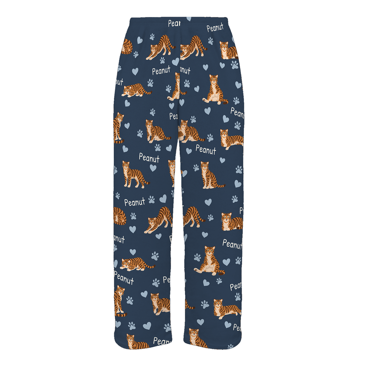 Personalized Toyger Cat Pajama Pants, Custom Pet Name Fleece Trousers, Cat Lover Gift — 05 Deep Navy — full-trouser view