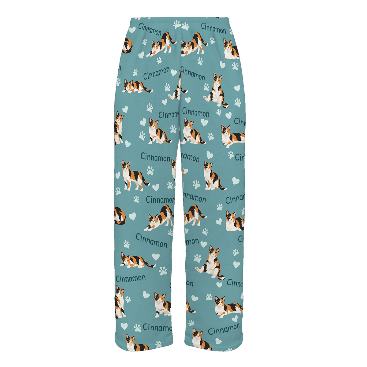 Personalized Domestic Shorthair Cat Pajama Pants, Custom Pet Name Fleece Trousers, Cat Lover Gift — 01 Muted Teal — full-trouser view