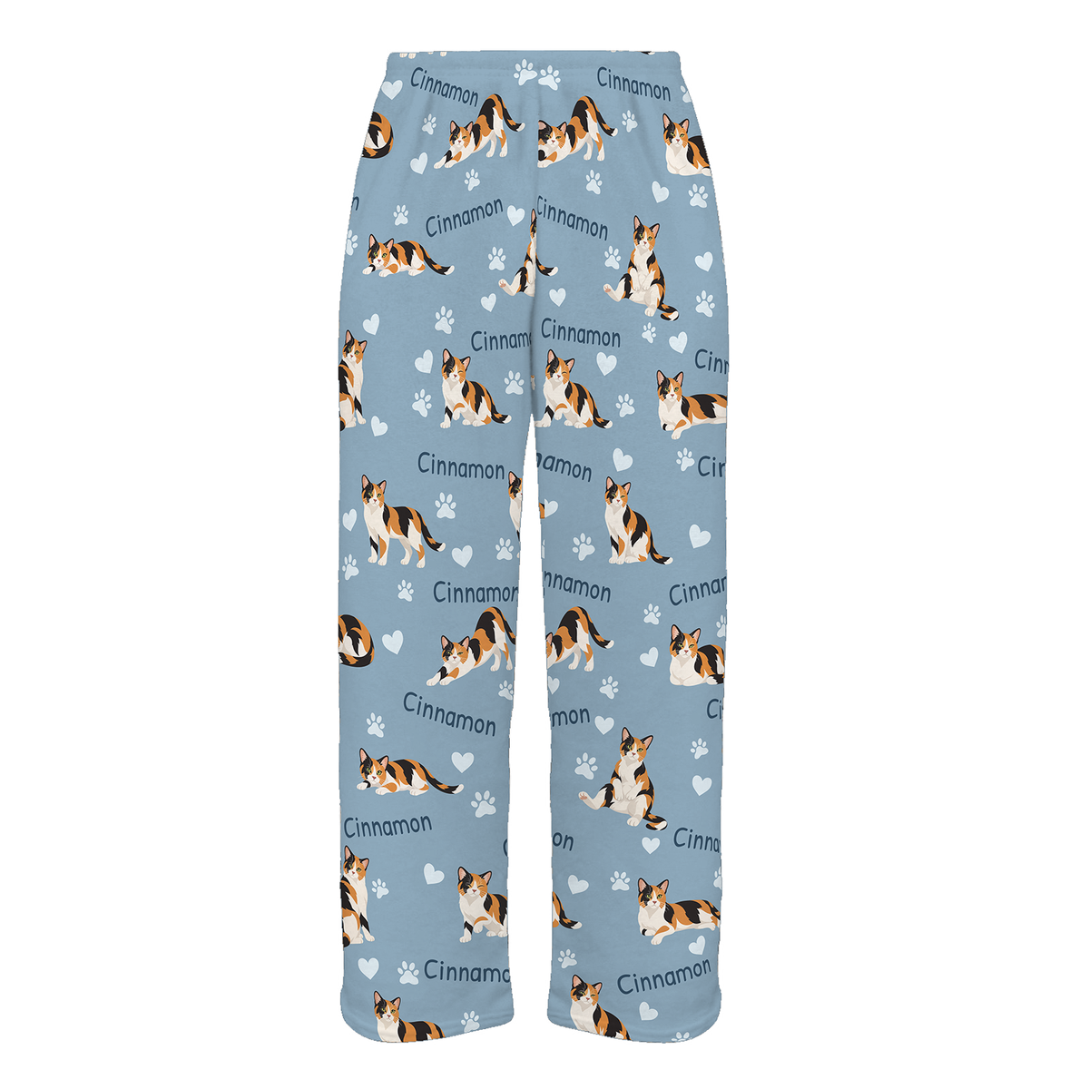 Personalized Domestic Shorthair Cat Pajama Pants, Custom Pet Name Fleece Trousers, Cat Lover Gift — 02 Dusty Blue — full-trouser view