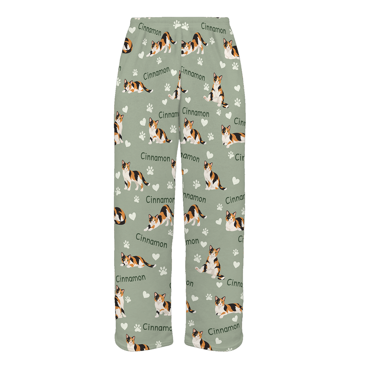 Personalized Domestic Shorthair Cat Pajama Pants, Custom Pet Name Fleece Trousers, Cat Lover Gift — 03 Soft Sage — full-trouser view