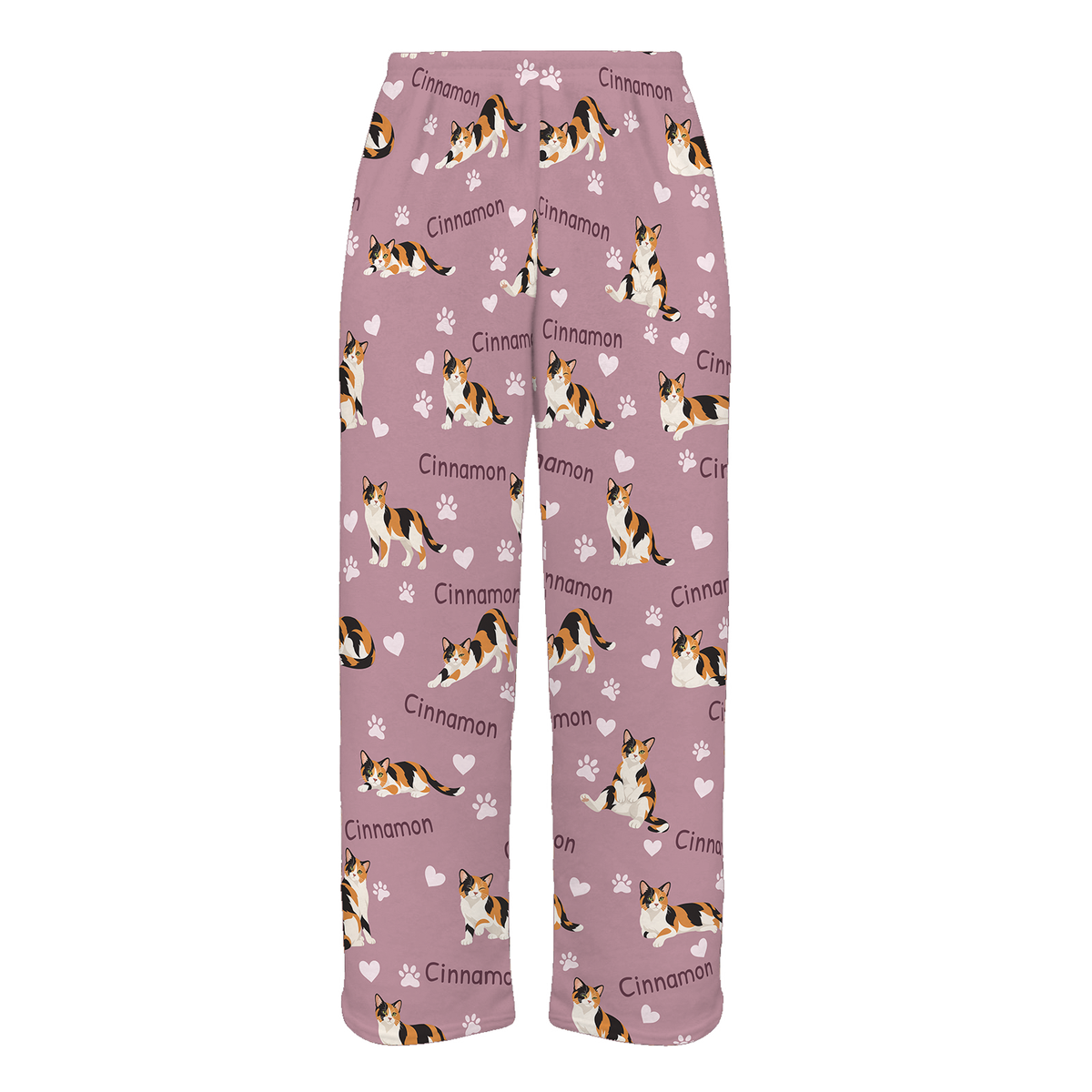 Personalized Domestic Shorthair Cat Pajama Pants, Custom Pet Name Fleece Trousers, Cat Lover Gift — 04 Dusty Rose — full-trouser view
