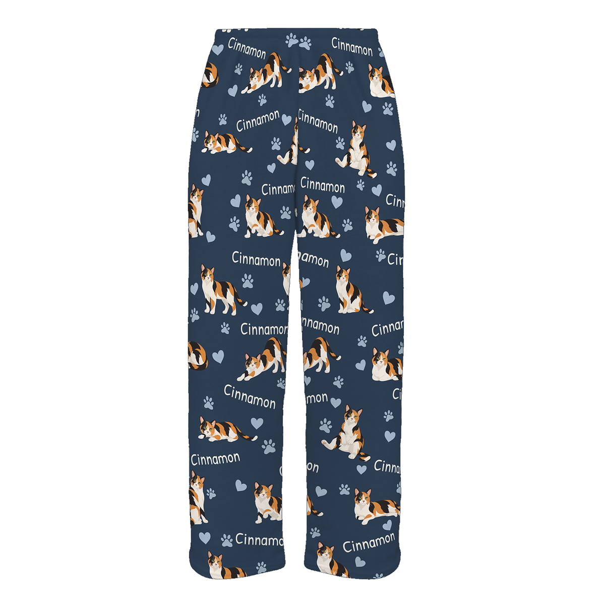 Personalized Domestic Shorthair Cat Pajama Pants, Custom Pet Name Fleece Trousers, Cat Lover Gift — 05 Deep Navy — full-trouser view