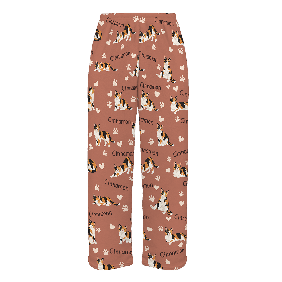 Personalized Domestic Shorthair Cat Pajama Pants, Custom Pet Name Fleece Trousers, Cat Lover Gift — 06 Muted Terracotta — full-trouser view