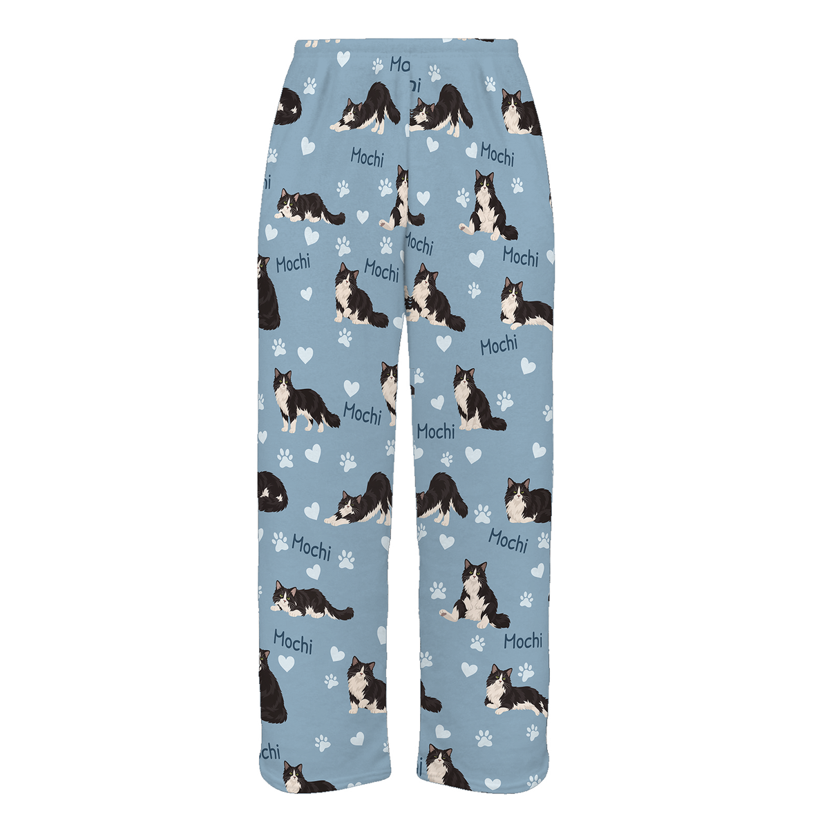 Personalized Domestic Longhair Cat Pajama Pants, Custom Pet Name Fleece Trousers, Cat Lover Gift — 02 Dusty Blue — full-trouser view
