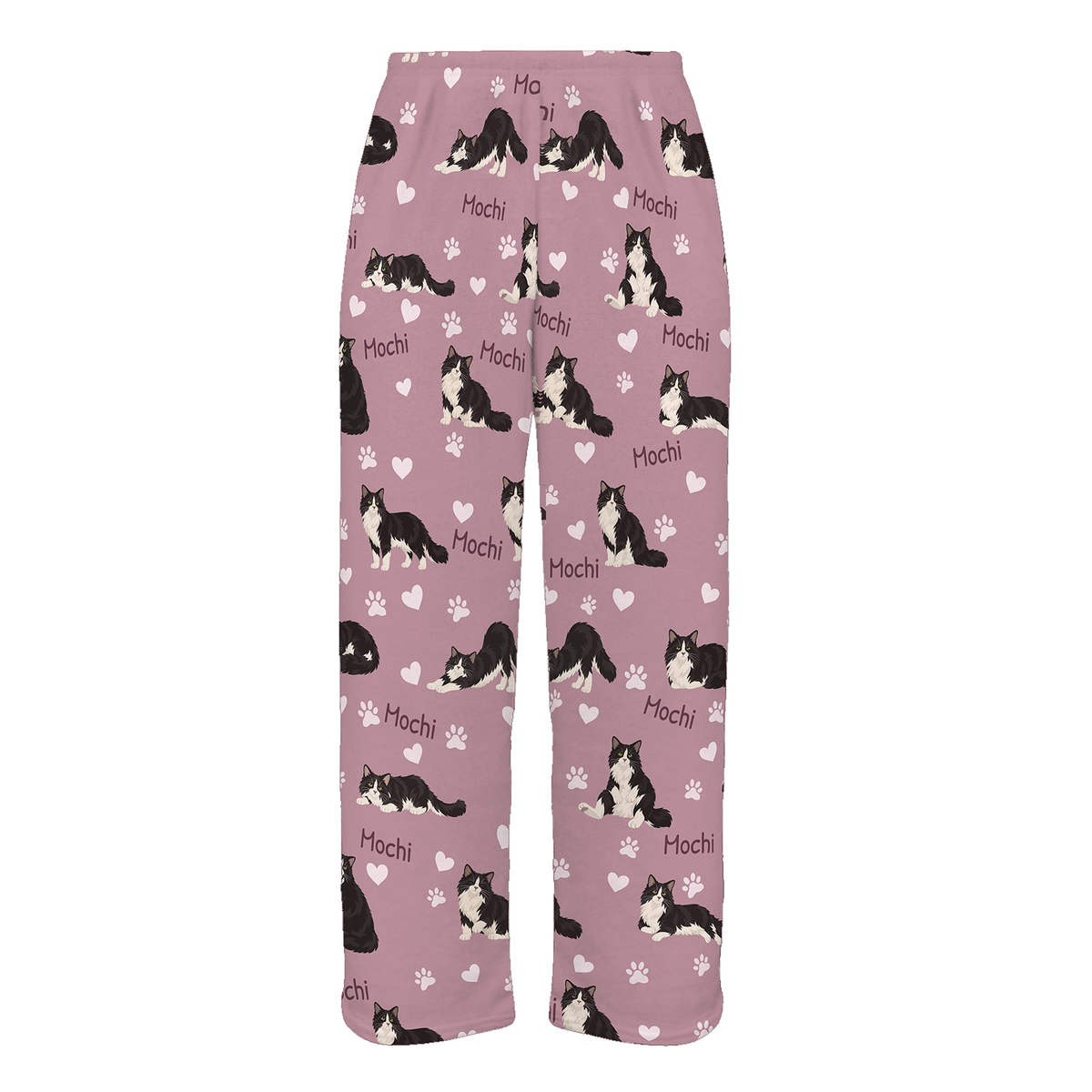 Personalized Domestic Longhair Cat Pajama Pants, Custom Pet Name Fleece Trousers, Cat Lover Gift — 04 Dusty Rose — full-trouser view