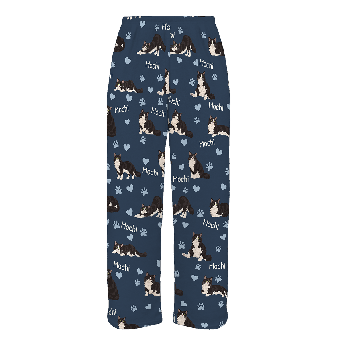 Personalized Domestic Longhair Cat Pajama Pants, Custom Pet Name Fleece Trousers, Cat Lover Gift — 05 Deep Navy — full-trouser view