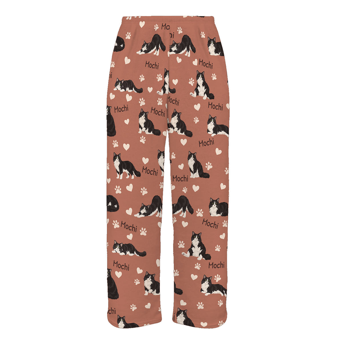 Personalized Domestic Longhair Cat Pajama Pants, Custom Pet Name Fleece Trousers, Cat Lover Gift — 06 Muted Terracotta — full-trouser view