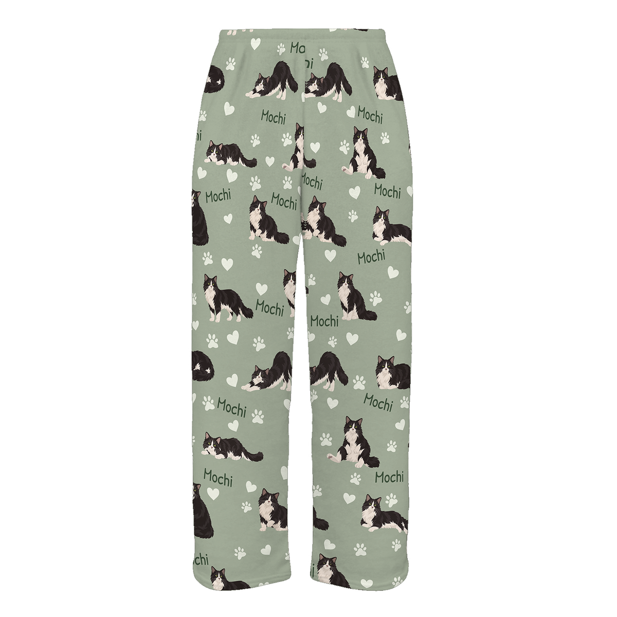Personalized Domestic Longhair Cat Pajama Pants, Custom Pet Name Fleece Trousers, Cat Lover Gift — As shown — full-trouser view