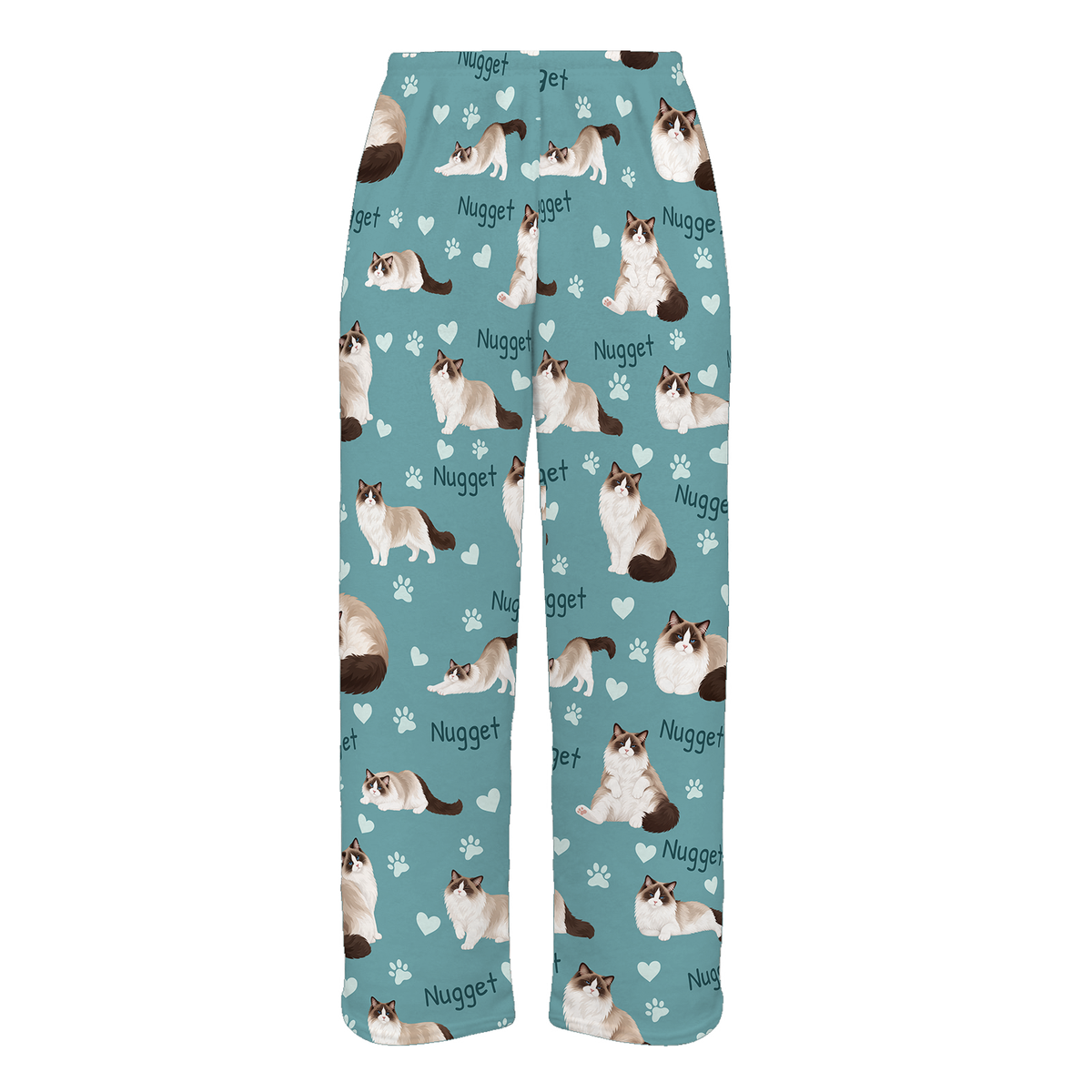 Personalized Ragdoll Seal Bicolor Cat Pajama Pants, Custom Pet Name Fleece Trousers — 01 Muted Teal — full-trouser view