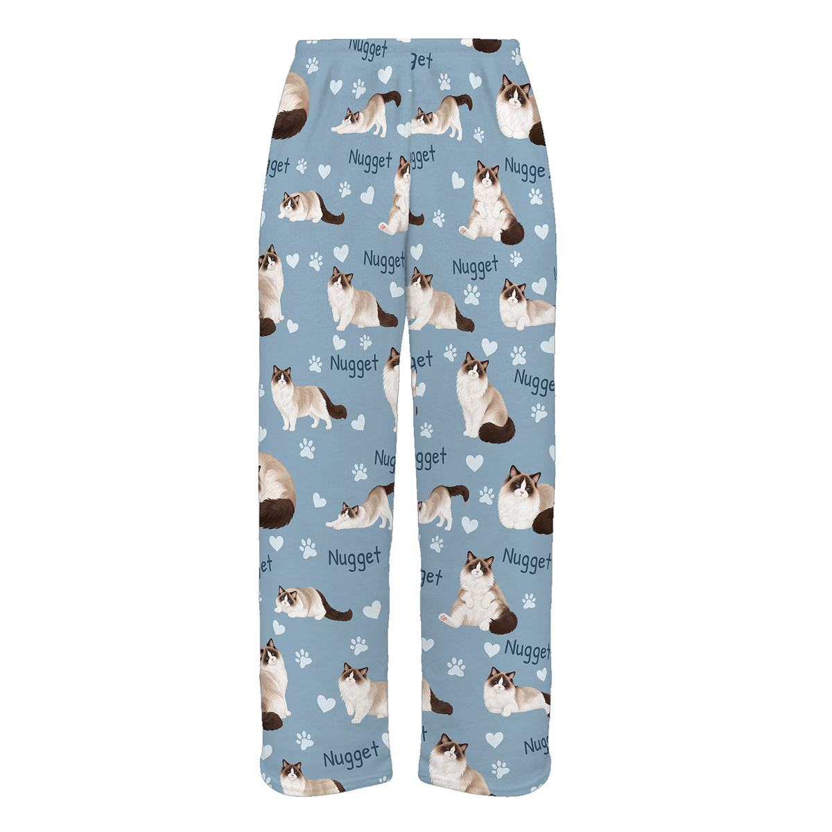 Personalized Ragdoll Seal Bicolor Cat Pajama Pants, Custom Pet Name Fleece Trousers — 02 Dusty Blue — full-trouser view