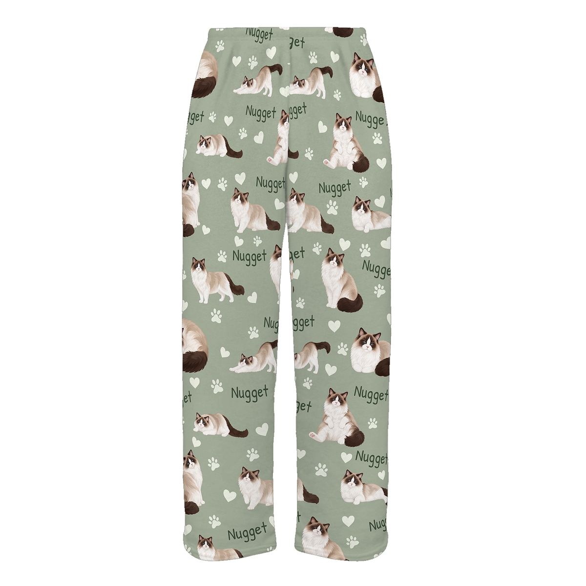 Personalized Ragdoll Seal Bicolor Cat Pajama Pants, Custom Pet Name Fleece Trousers — 03 Soft Sage — full-trouser view
