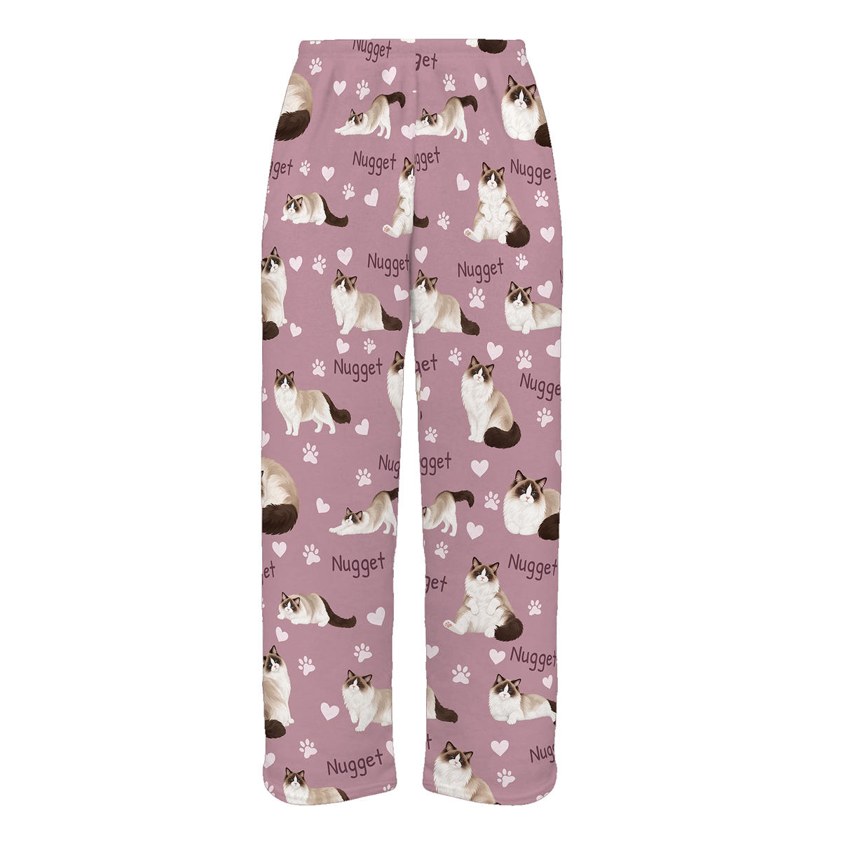 Personalized Ragdoll Seal Bicolor Cat Pajama Pants, Custom Pet Name Fleece Trousers — 04 Dusty Rose — full-trouser view