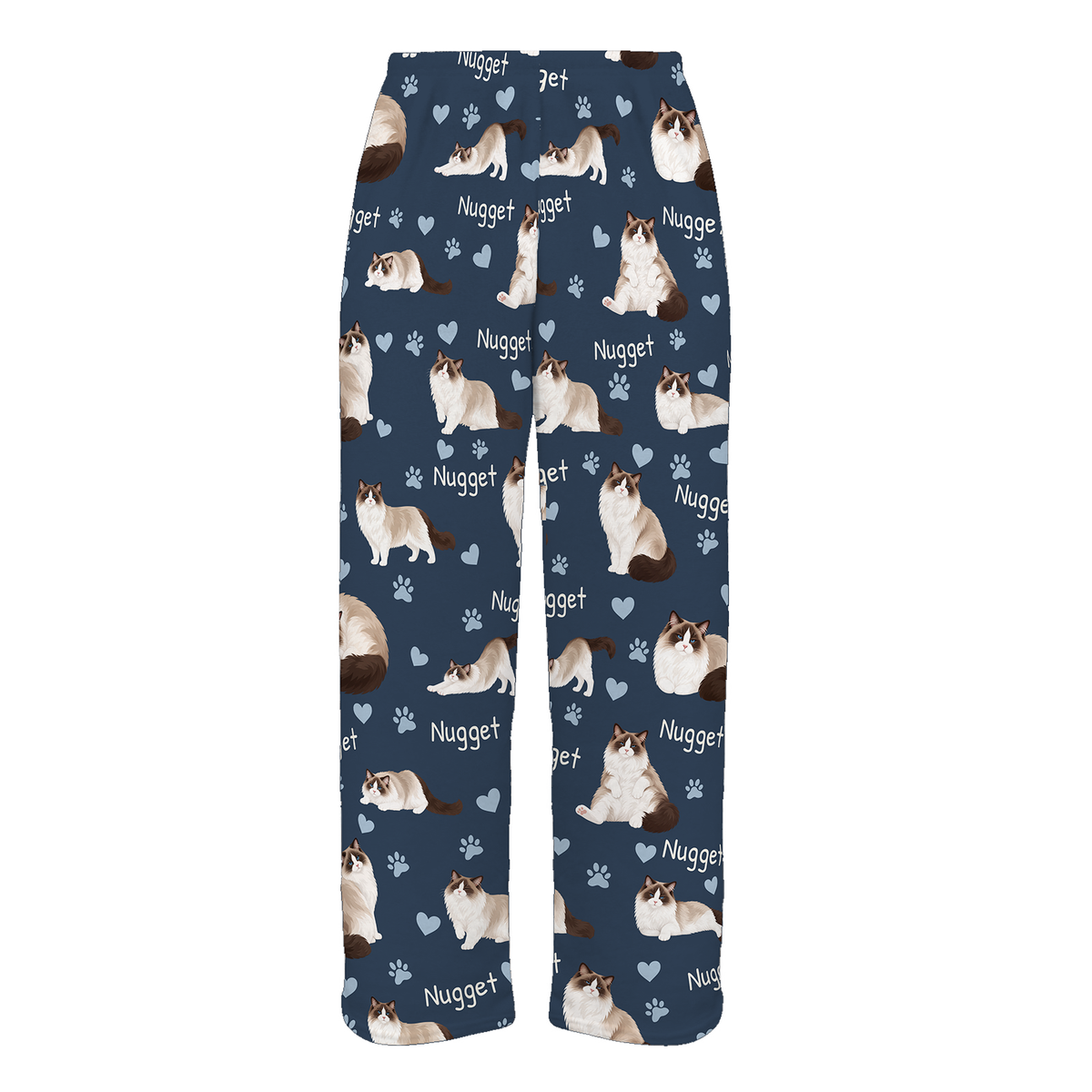 Personalized Ragdoll Seal Bicolor Cat Pajama Pants, Custom Pet Name Fleece Trousers — 05 Deep Navy — full-trouser view