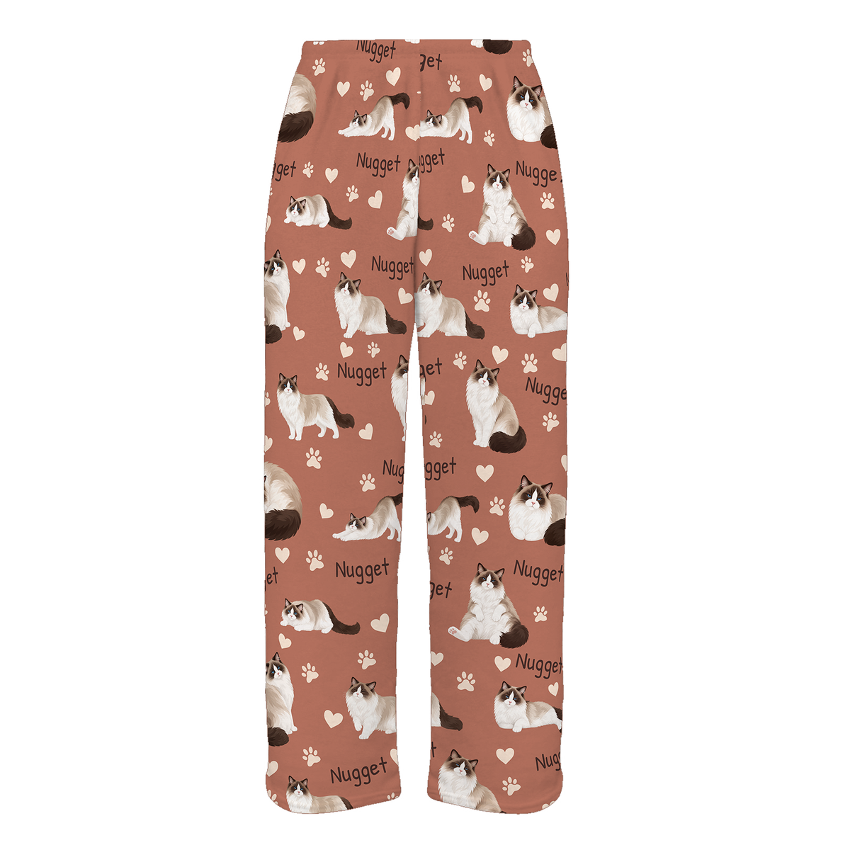 Personalized Ragdoll Seal Bicolor Cat Pajama Pants, Custom Pet Name Fleece Trousers — 06 Muted Terracotta — full-trouser view