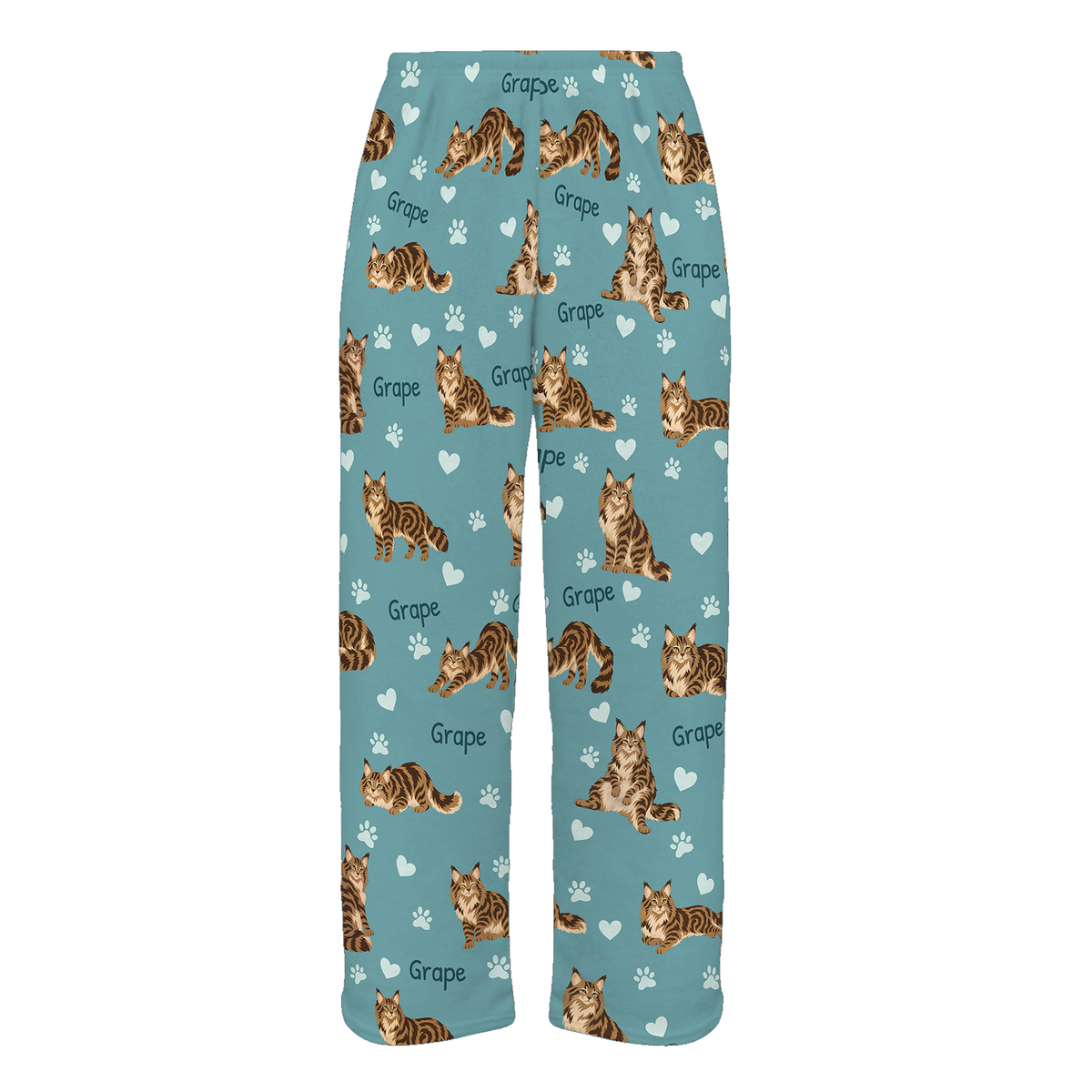 Personalized Maine Coon Brown Classic Tabby Cat Pajama Pants, Custom Pet Name Fleece Trousers — 01 Muted Teal — full-trouser view