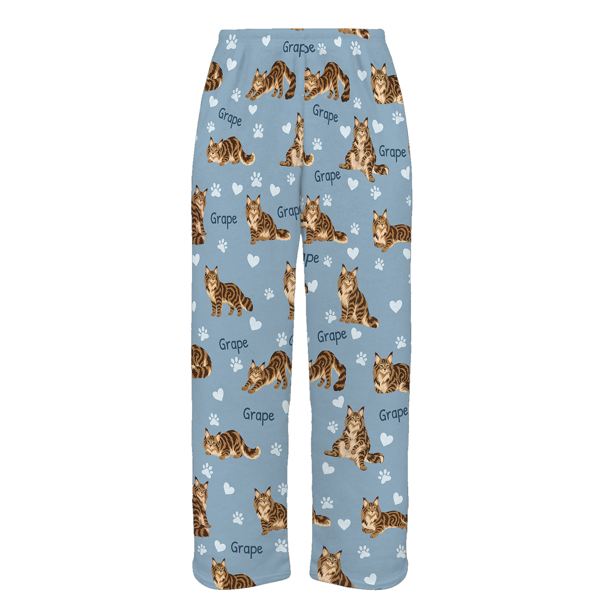 Personalized Maine Coon Brown Classic Tabby Cat Pajama Pants, Custom Pet Name Fleece Trousers — 02 Dusty Blue — full-trouser view
