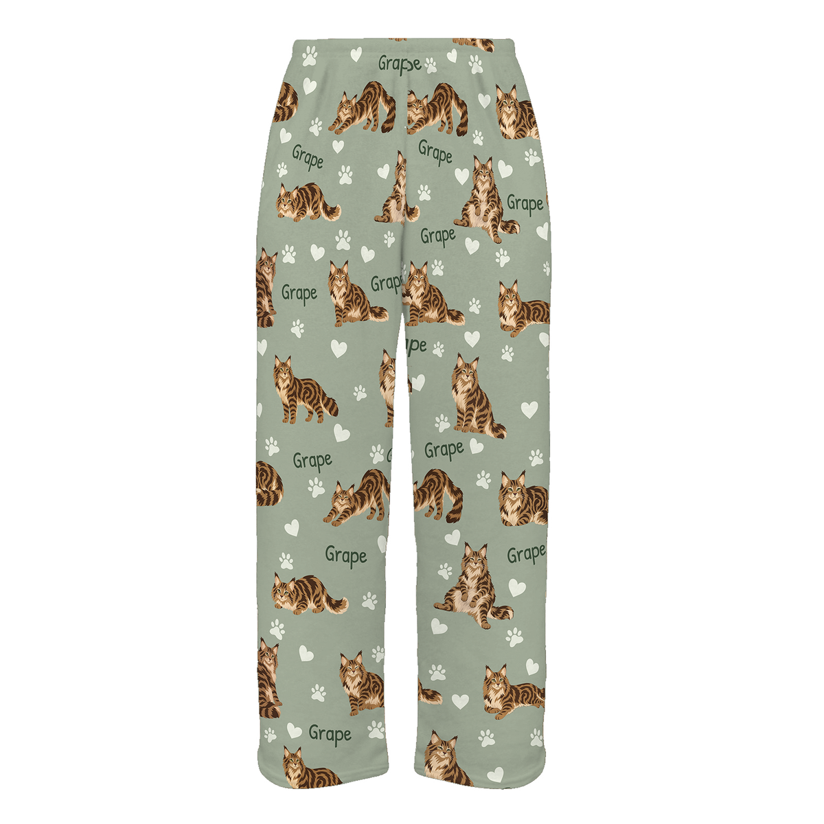 Personalized Maine Coon Brown Classic Tabby Cat Pajama Pants, Custom Pet Name Fleece Trousers — 03 Soft Sage — full-trouser view