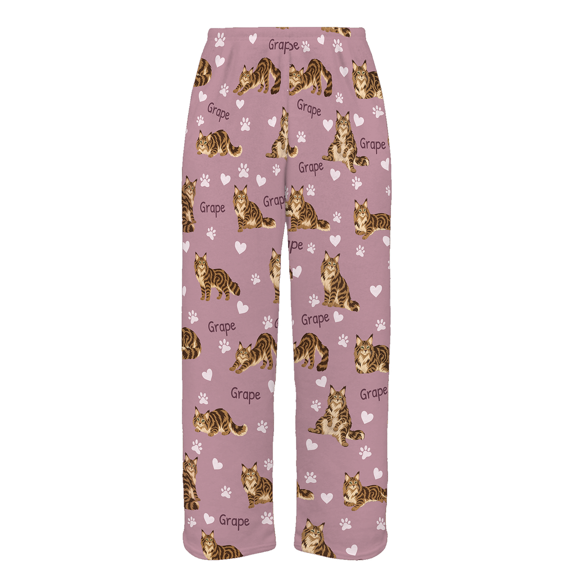 Personalized Maine Coon Brown Classic Tabby Cat Pajama Pants, Custom Pet Name Fleece Trousers — 04 Dusty Rose — full-trouser view