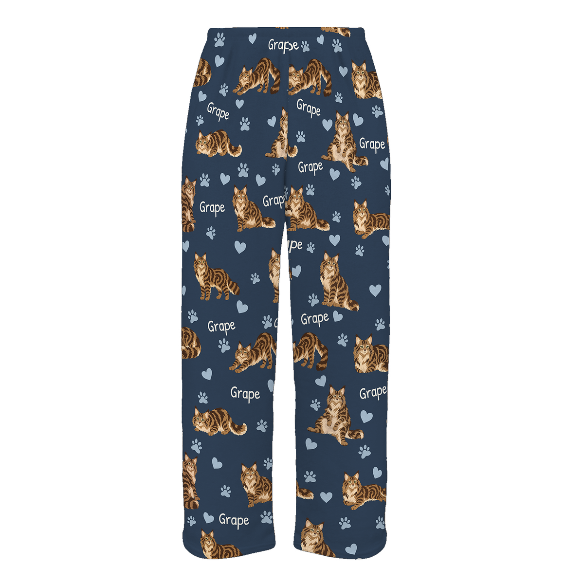 Personalized Maine Coon Brown Classic Tabby Cat Pajama Pants, Custom Pet Name Fleece Trousers — 05 Deep Navy — full-trouser view