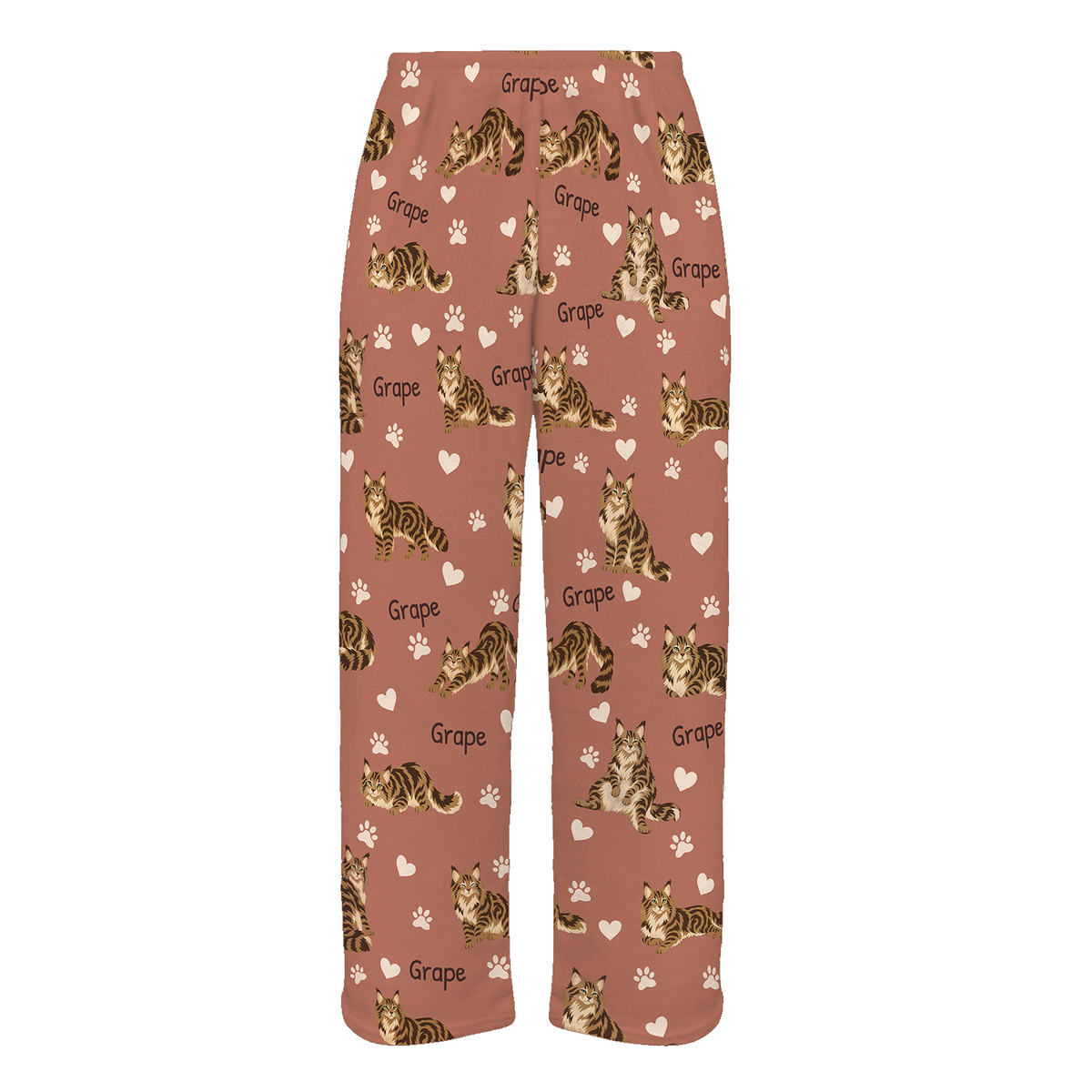 Personalized Maine Coon Brown Classic Tabby Cat Pajama Pants, Custom Pet Name Fleece Trousers — 06 Muted Terracotta — full-trouser view