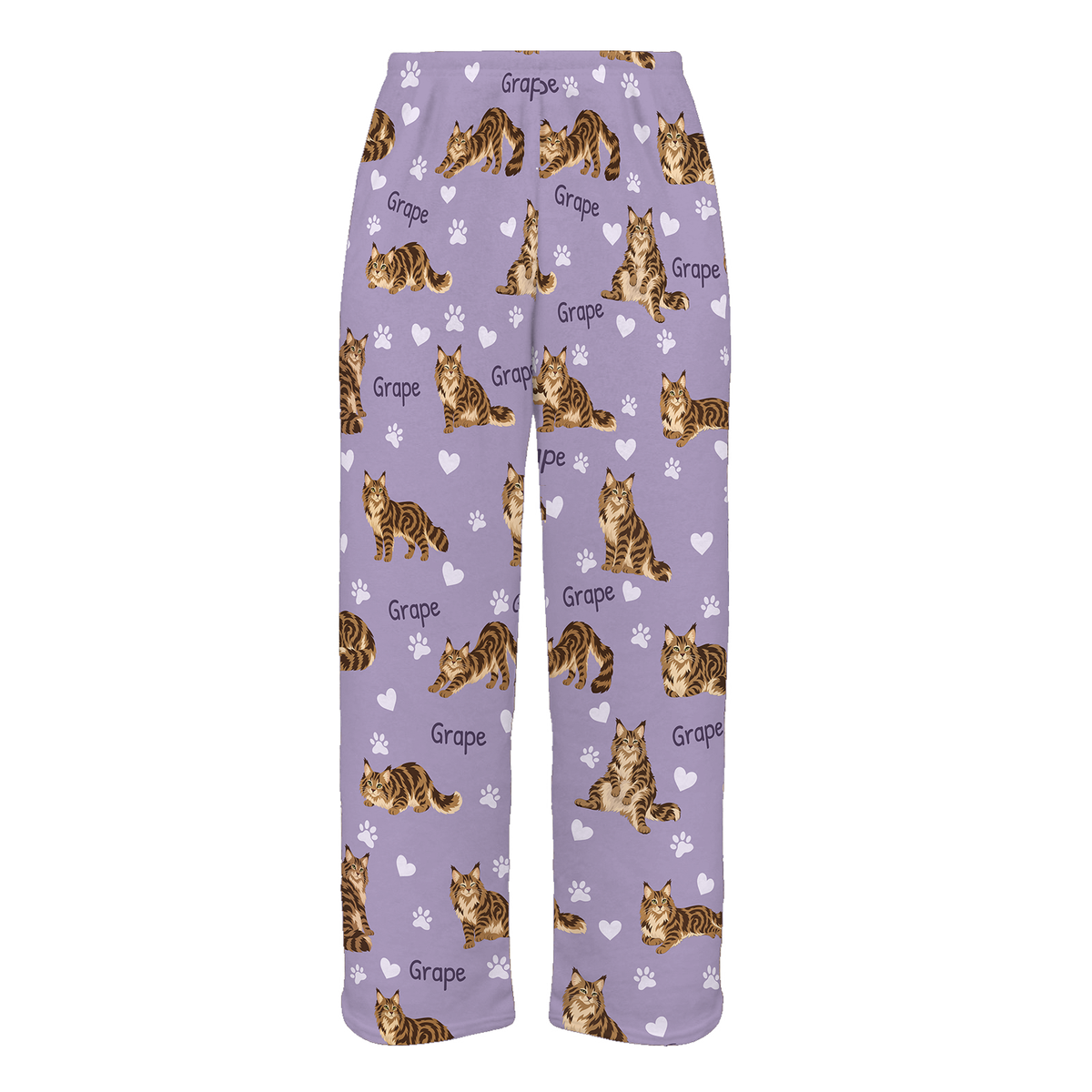 Personalized Maine Coon Brown Classic Tabby Cat Pajama Pants, Custom Pet Name Fleece Trousers — As shown — full-trouser view