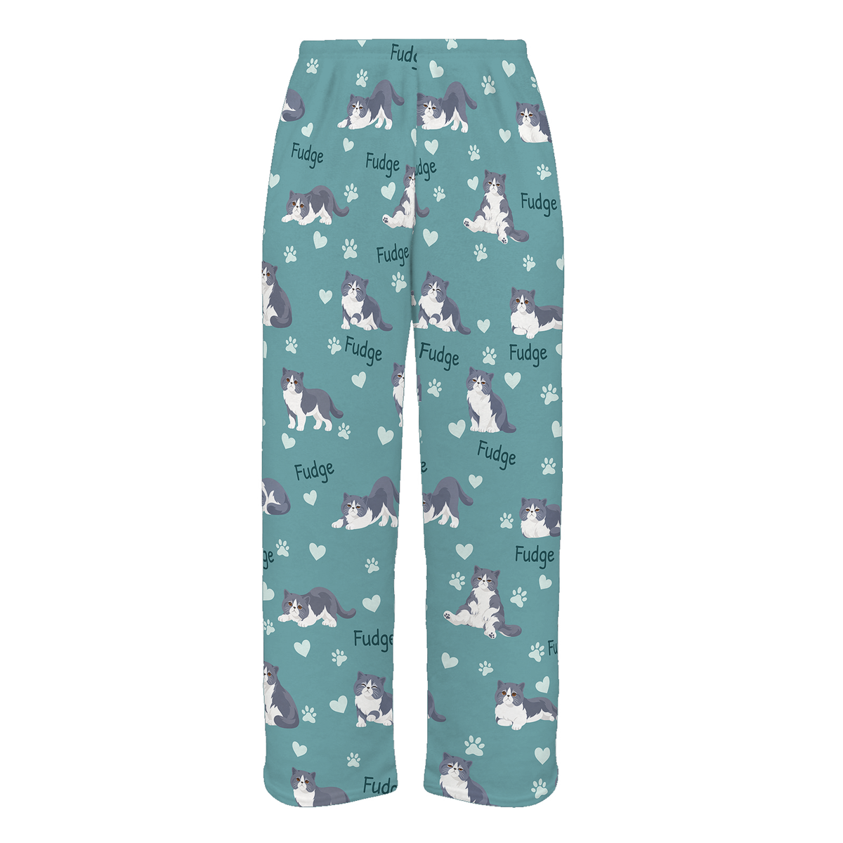 Personalized Exotic Shorthair Blue And White Bicolor Cat Pajama Pants, Custom Pet Name Fleece Trousers — 01 Muted Teal — full-trouser view