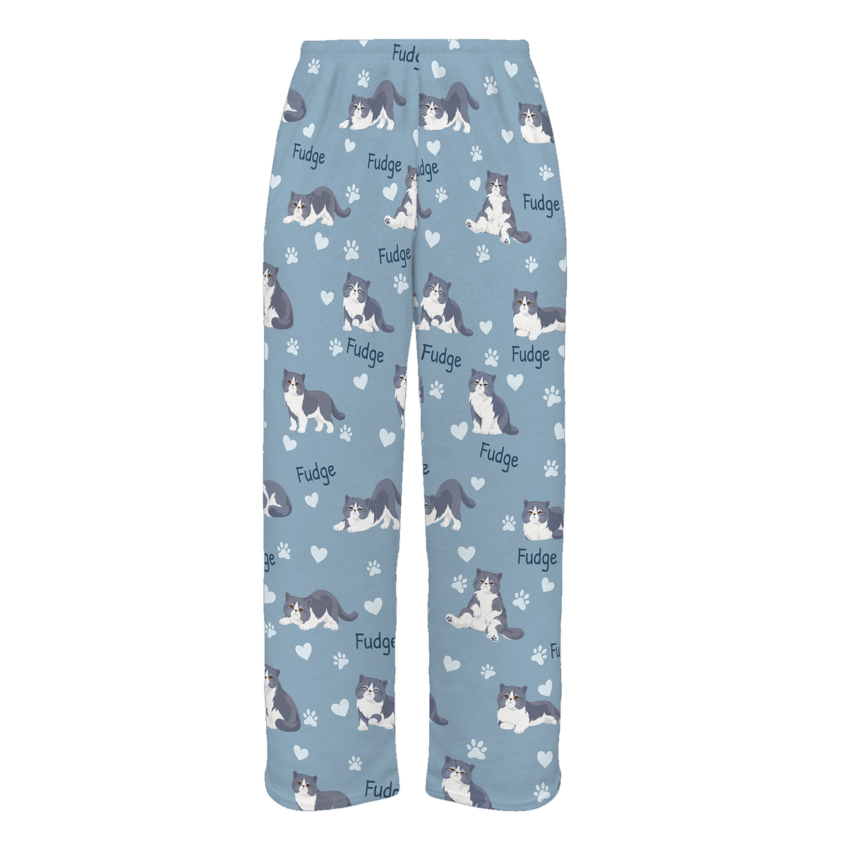 Personalized Exotic Shorthair Blue And White Bicolor Cat Pajama Pants, Custom Pet Name Fleece Trousers — 02 Dusty Blue — full-trouser view