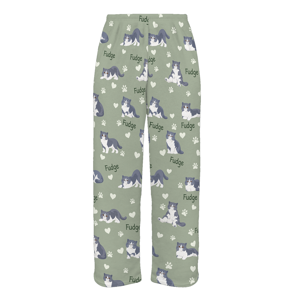 Personalized Exotic Shorthair Blue And White Bicolor Cat Pajama Pants, Custom Pet Name Fleece Trousers — 03 Soft Sage — full-trouser view