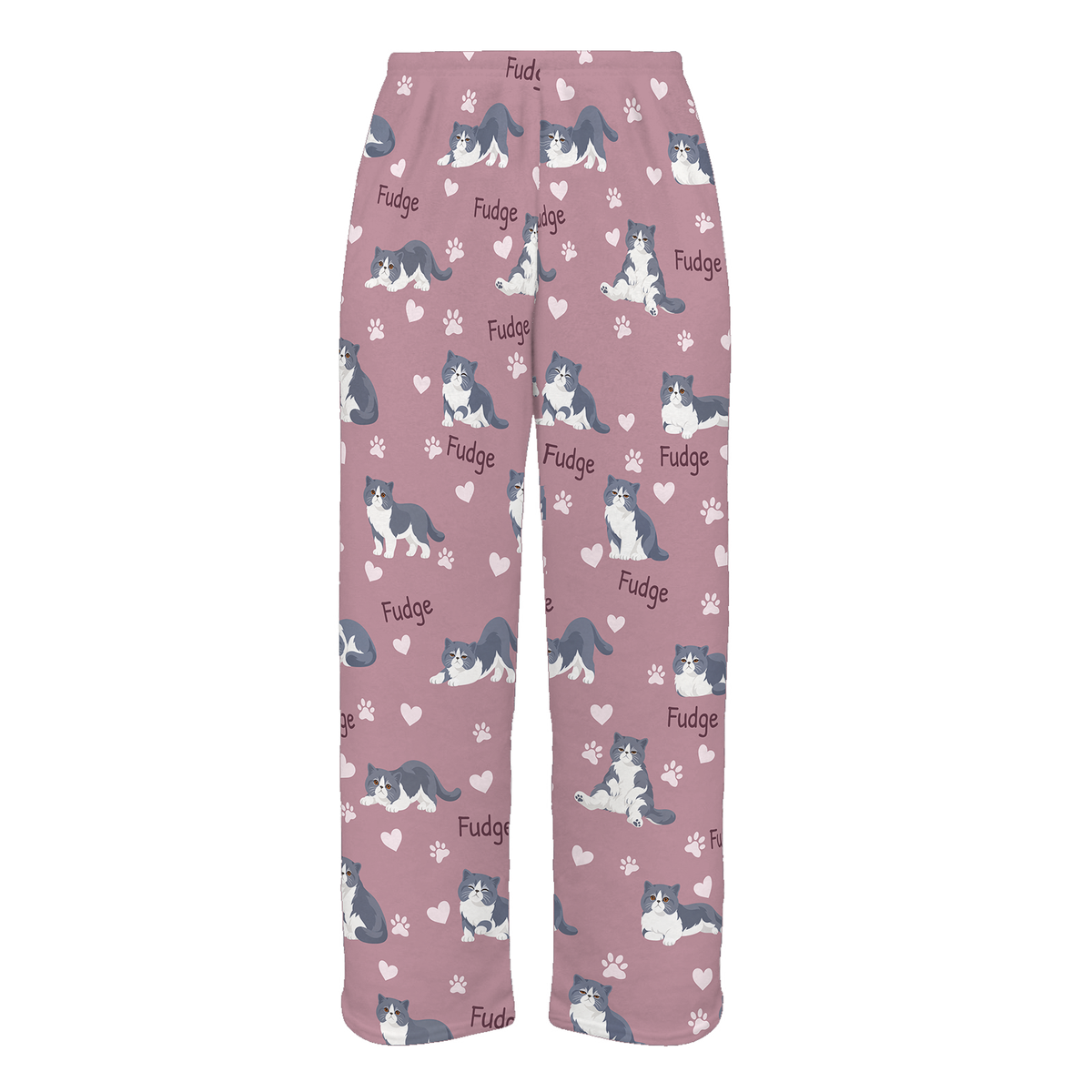 Personalized Exotic Shorthair Blue And White Bicolor Cat Pajama Pants, Custom Pet Name Fleece Trousers — 04 Dusty Rose — full-trouser view