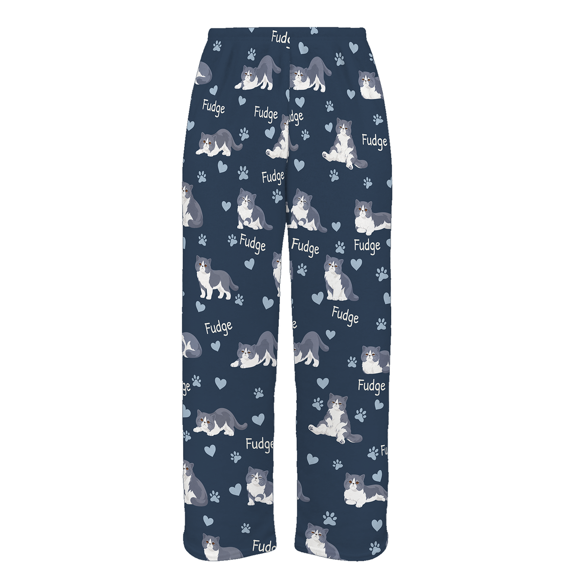Personalized Exotic Shorthair Blue And White Bicolor Cat Pajama Pants, Custom Pet Name Fleece Trousers — 05 Deep Navy — full-trouser view