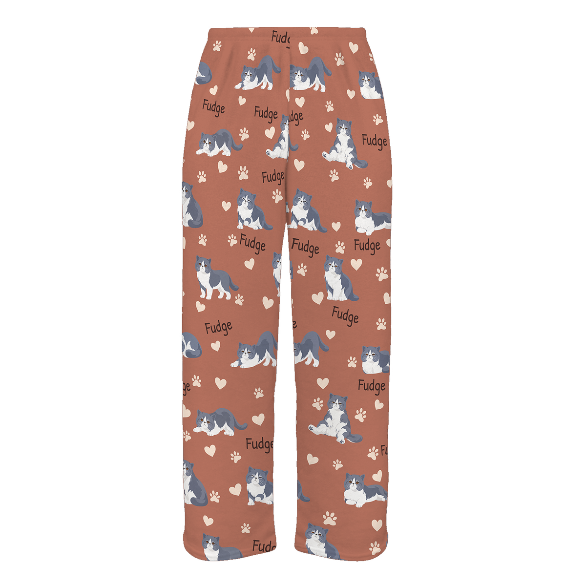 Personalized Exotic Shorthair Blue And White Bicolor Cat Pajama Pants, Custom Pet Name Fleece Trousers — 06 Muted Terracotta — full-trouser view