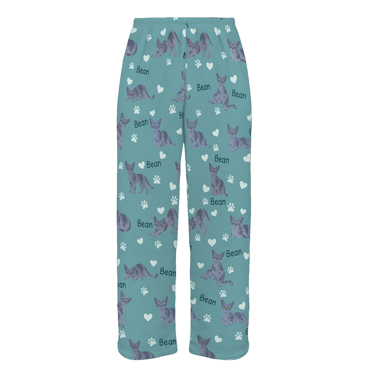 Personalized Devon Rex Blue Cat Pajama Pants, Custom Pet Name Fleece Trousers — 01 Muted Teal — full-trouser view
