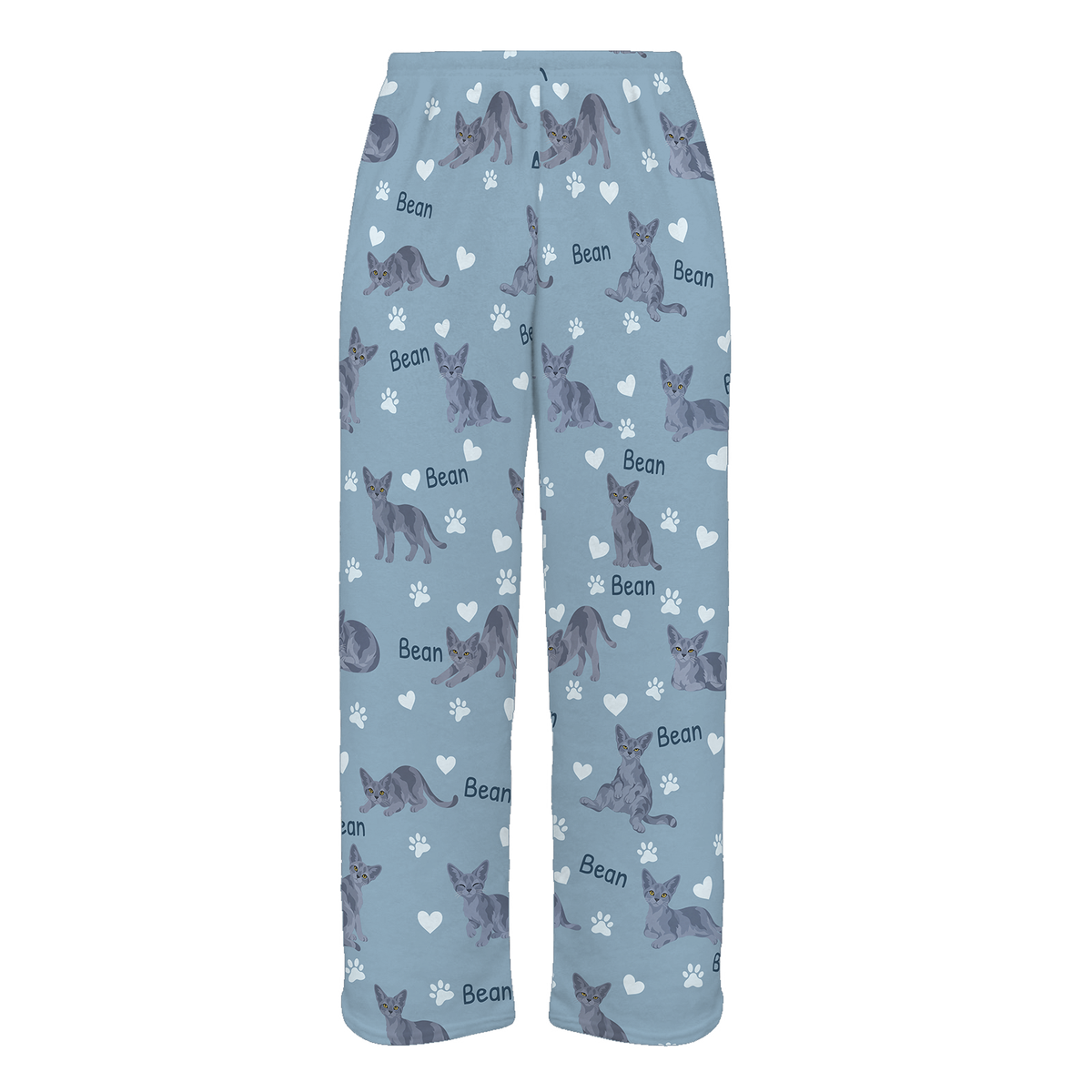 Personalized Devon Rex Blue Cat Pajama Pants, Custom Pet Name Fleece Trousers — 02 Dusty Blue — full-trouser view