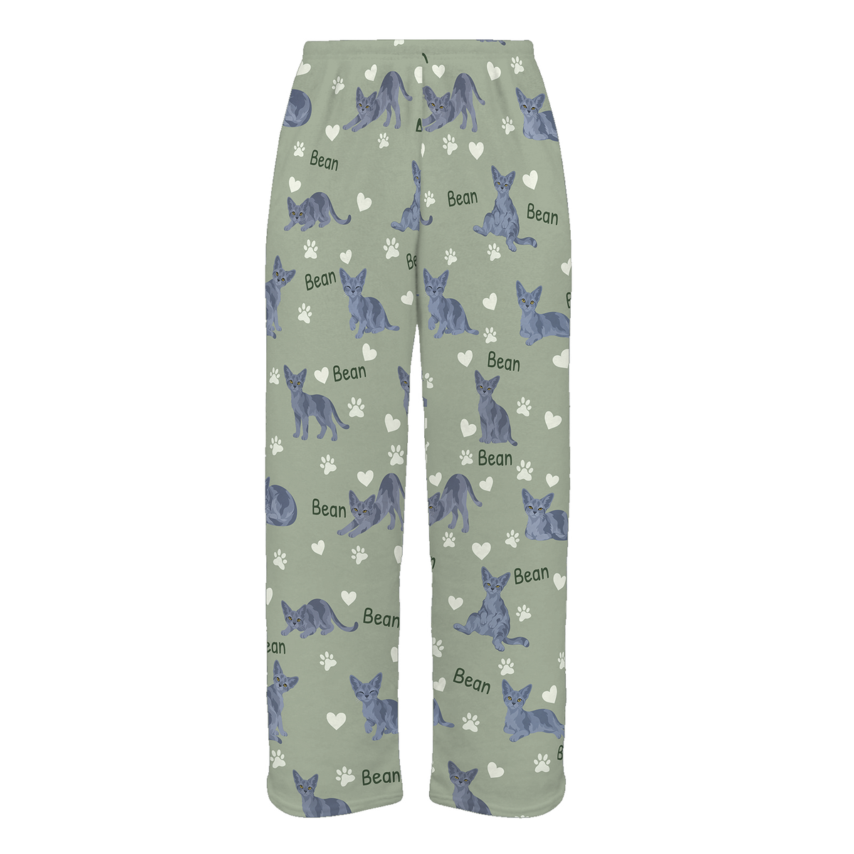 Personalized Devon Rex Blue Cat Pajama Pants, Custom Pet Name Fleece Trousers — 03 Soft Sage — full-trouser view