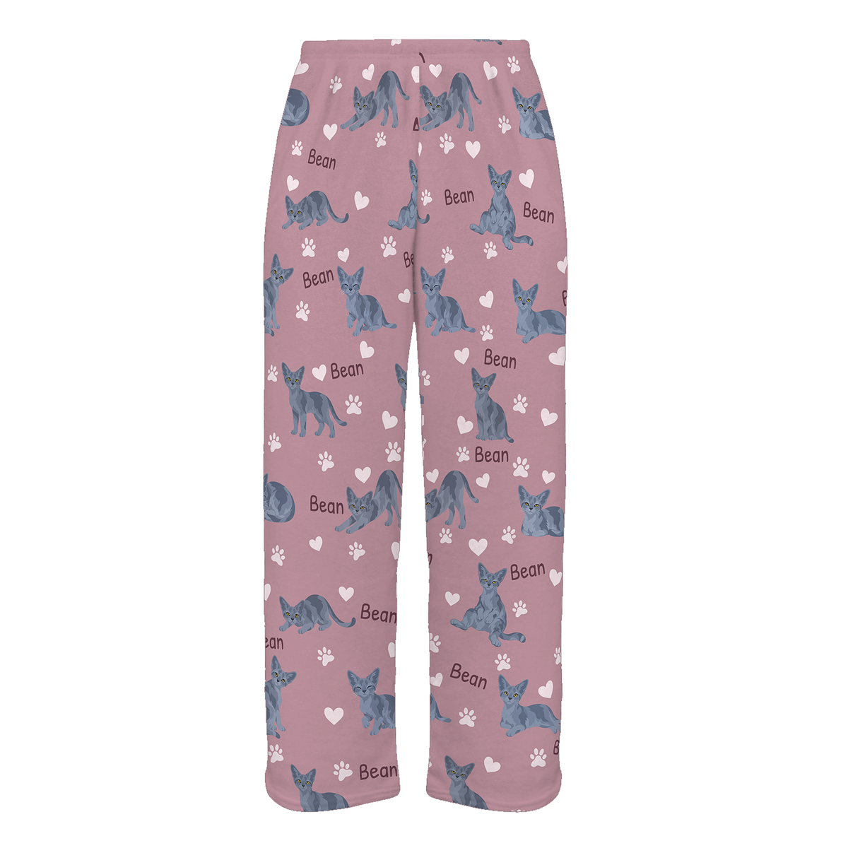 Personalized Devon Rex Blue Cat Pajama Pants, Custom Pet Name Fleece Trousers — 04 Dusty Rose — full-trouser view