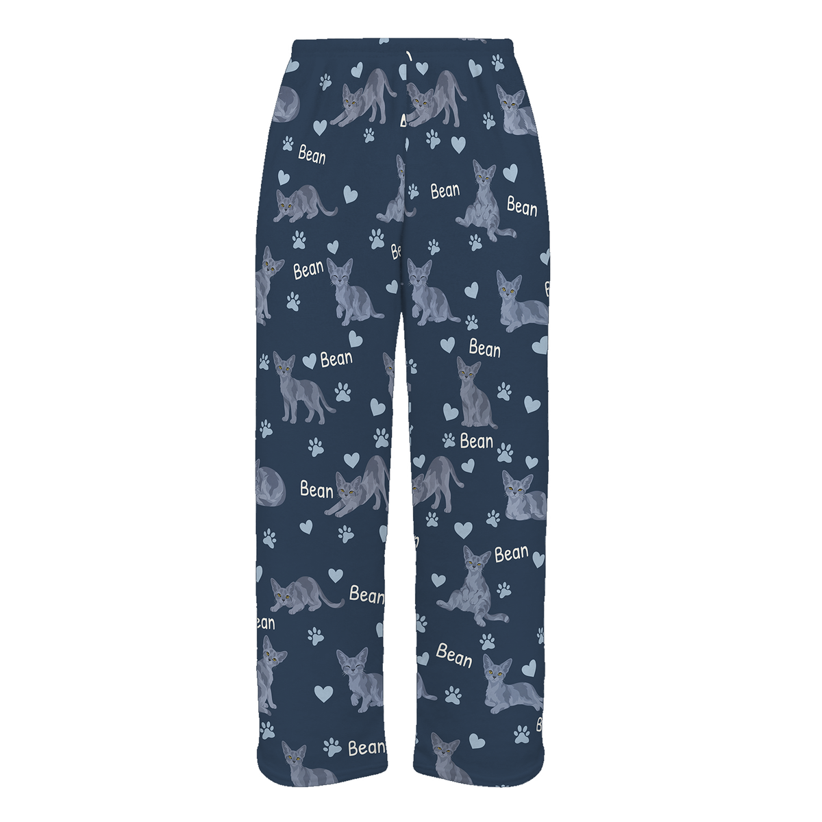 Personalized Devon Rex Blue Cat Pajama Pants, Custom Pet Name Fleece Trousers — 05 Deep Navy — full-trouser view