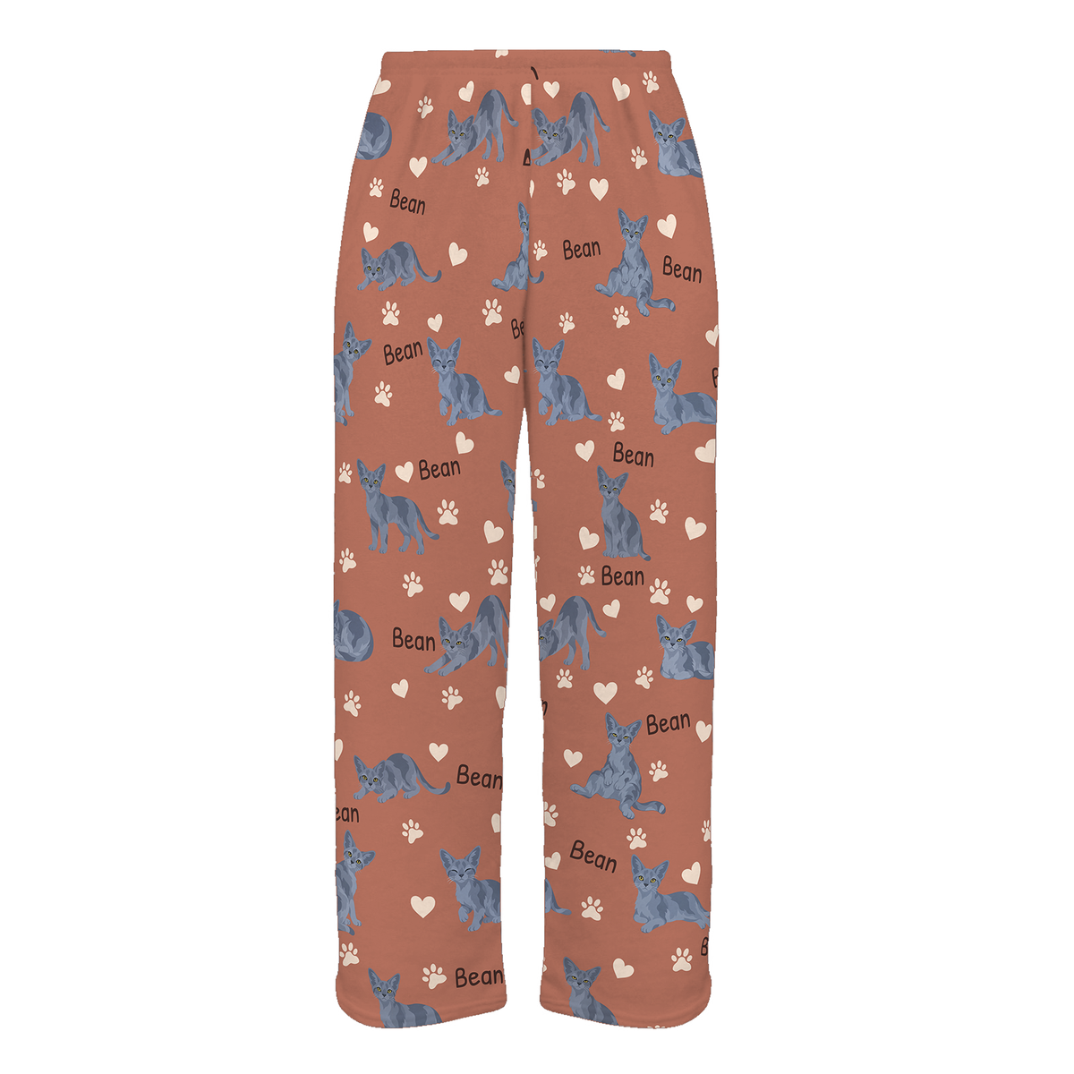 Personalized Devon Rex Blue Cat Pajama Pants, Custom Pet Name Fleece Trousers — 06 Muted Terracotta — full-trouser view