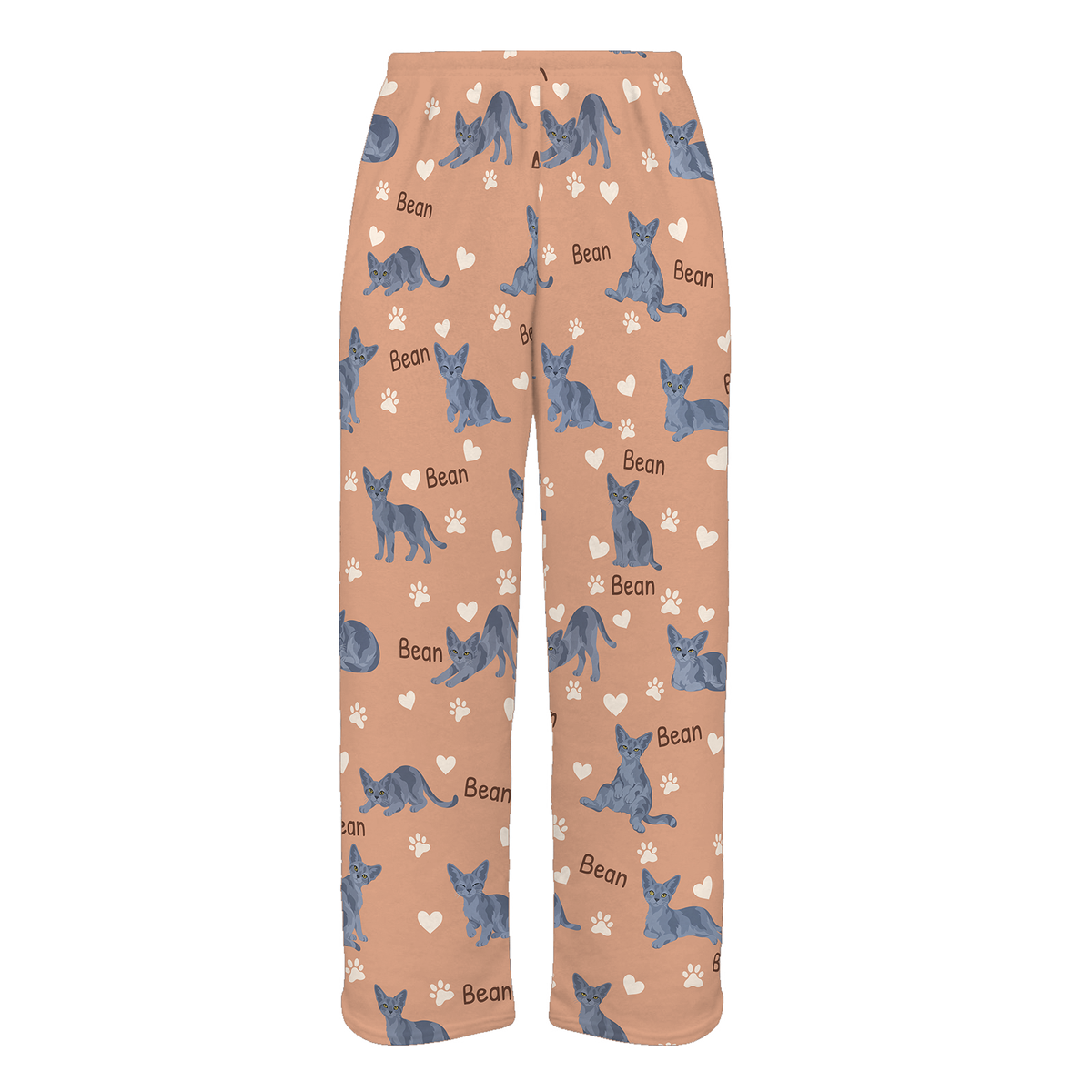 Personalized Devon Rex Blue Cat Pajama Pants, Custom Pet Name Fleece Trousers — As shown — full-trouser view