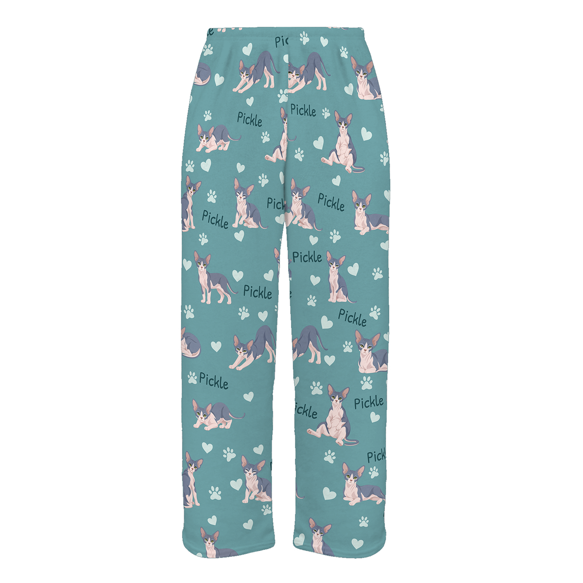 Personalized Sphynx Blue And White Skin Pigmentation Cat Pajama Pants, Custom Pet Name Fleece Trousers — 01 Muted Teal — full-trouser view