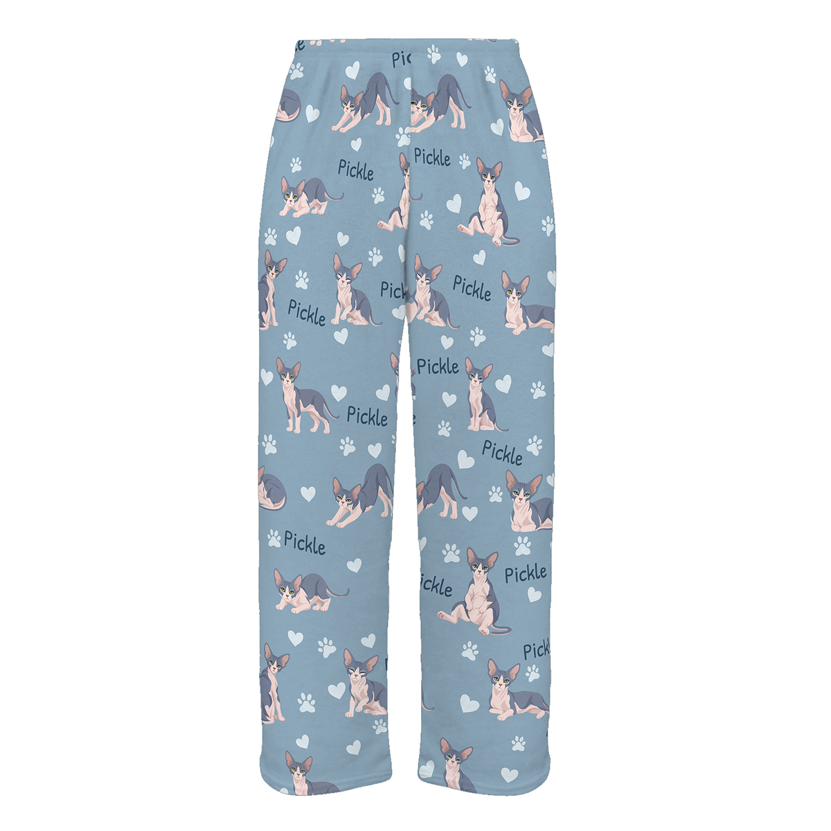 Personalized Sphynx Blue And White Skin Pigmentation Cat Pajama Pants, Custom Pet Name Fleece Trousers — 02 Dusty Blue — full-trouser view